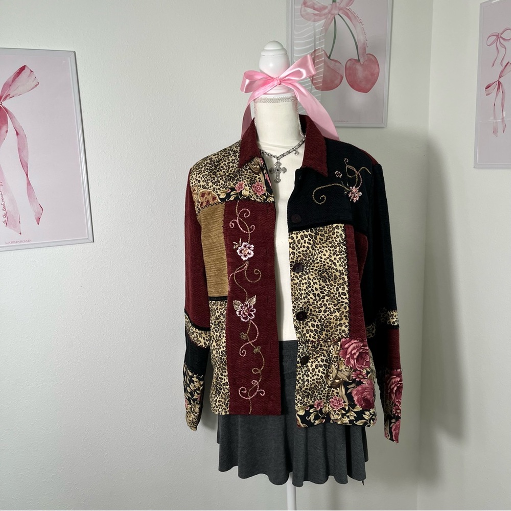 Vtg 90s Grandma Cottage Cheetah Floral Patchwork Button‎ Collared Sweater Medium